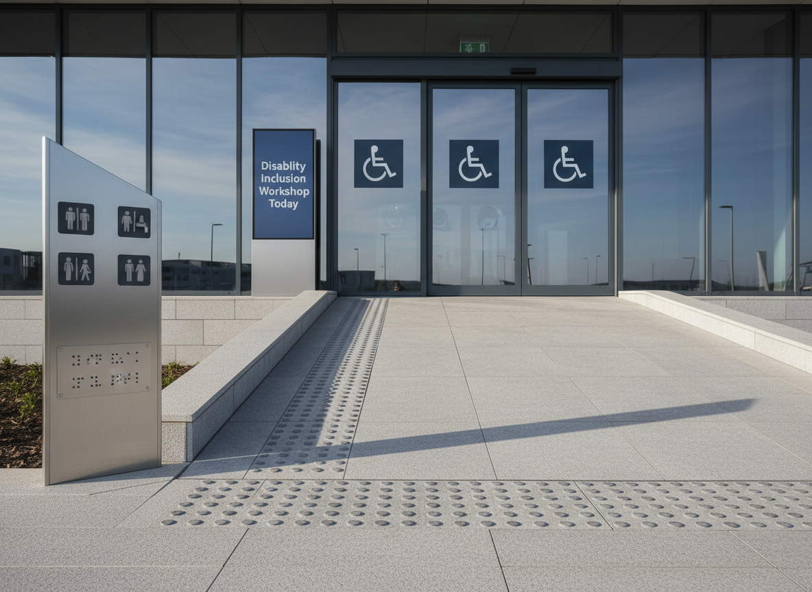 A minimalist training venue entrance with a wide, gently sloping ramp in smooth, non‑slip stone leading to automatic glass doors, each clearly marked with large, high‑contrast accessibility symbols. A tactile paving strip with raised dots guides the approach, intersecting with bold wayfinding signage that includes braille and easy‑read pictograms. To one side, a digital display shows “Disability Inclusion Workshop Today” in large, legible lettering. Late‑morning natural light creates crisp shadows that emphasise the textures of the ramp and tactile surface, while the glass doors reflect a soft sky. Photographed from a low, forward‑facing angle in clean photographic realism, the image feels welcoming, professional, and quietly confident, spotlighting physical accessibility as a visible organisational commitment.