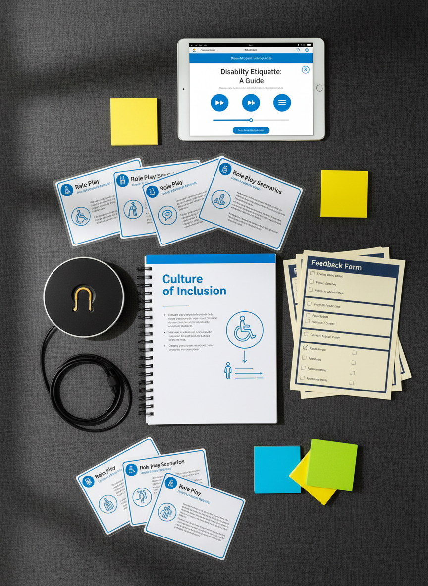 A close‑up of an accessibility training toolkit neatly spread across a dark charcoal conference table with a subtle linen texture. The kit includes laminated role‑play scenario cards with bold icons, a spiral‑bound workbook titled “Culture of Inclusion,” colour‑coded sticky notes, a portable hearing loop device, large‑print feedback forms, and a tablet displaying an e‑learning disability etiquette module with accessible controls. Soft studio lighting from the side creates gentle highlights on the laminated surfaces and slight shadows under each object. Photographed from directly above in a clean, top‑down composition, every item is crisply in focus, evoking a sense of organisation, professionalism, and hands‑on, evidence‑based training in true photographic realism.