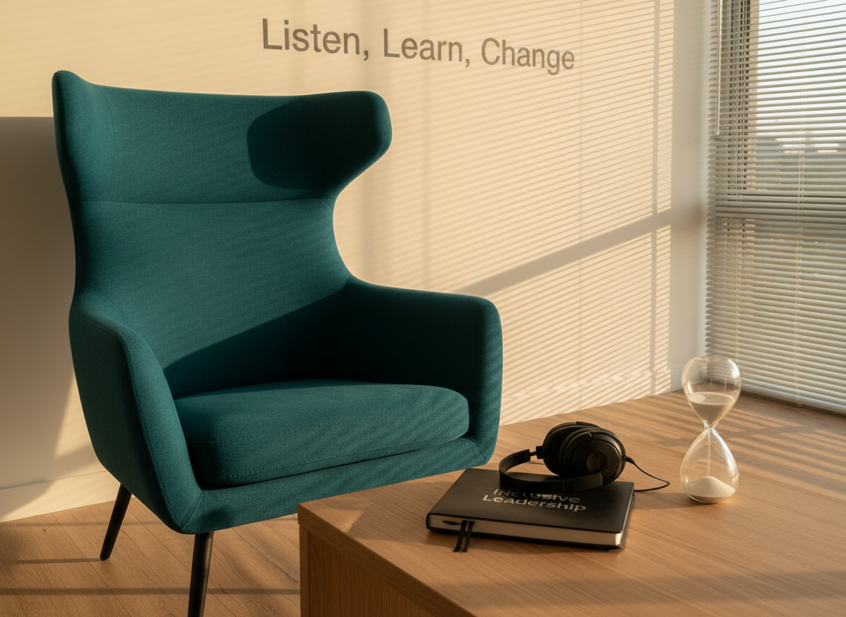A quiet reflection corner in an office featuring a comfortable high‑back acoustic chair in deep teal fabric, its sides subtly curved to dampen sound, positioned beside a low ash‑wood table. On the table rests a journal embossed with “Inclusive Leadership,” a noise‑reducing headset, and a small sand timer with fine, pale sand mid‑fall. Behind the chair, a wall decal reads “Listen, Learn, Change” in understated lettering. Warm, late‑afternoon light filters through partially closed blinds, casting gentle linear shadows across the floor and furniture. Photographed at eye level with a slightly off‑center composition in photographic realism, the mood is calm and contemplative, emphasising the emotional and reflective side of culture change in disability inclusion work.