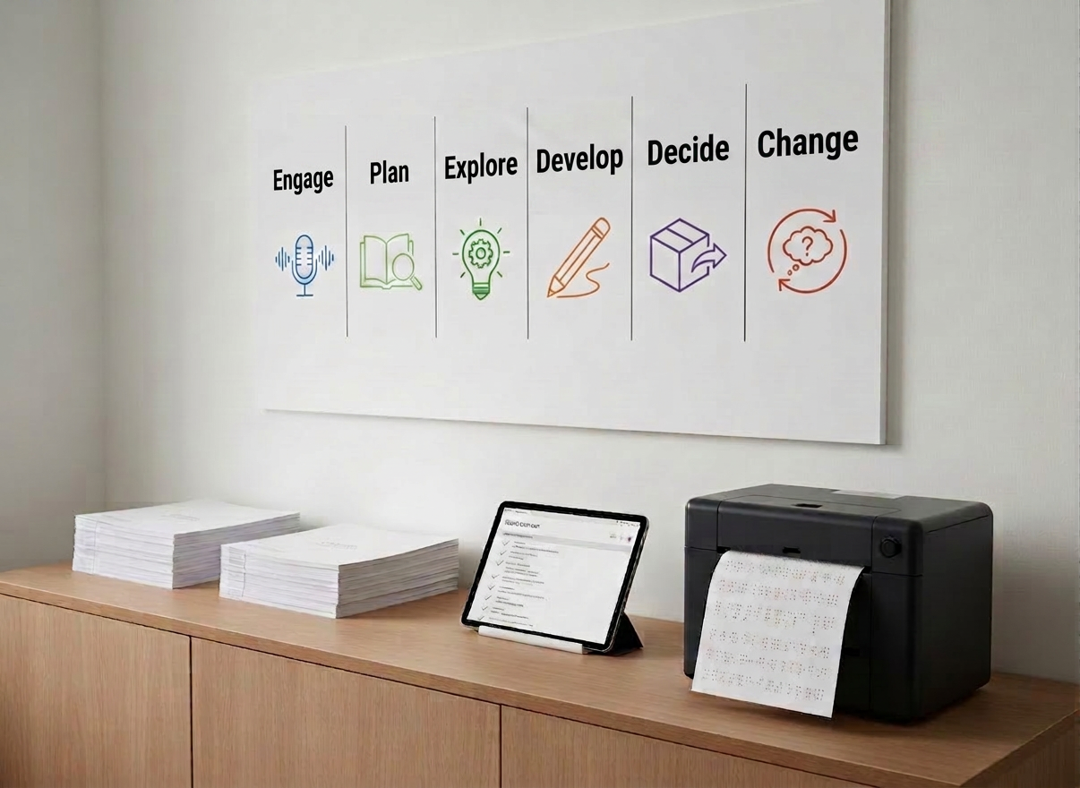 An organised consulting workspace featuring a large wall‑mounted accessibility roadmap printed on heavyweight matte paper, with clear milestones labeled “Assess,” “Co‑Design,” “Implement,” and “Sustain.” Each phase is marked with coloured icons representing different disability access considerations. Below, a long credenza in pale wood holds neatly stacked reports, a tablet open to a WCAG checklist, and a compact braille embosser mid‑page, its paper showing raised, orderly dots. Soft, indirect studio lighting bathes the scene in an even glow, eliminating harsh shadows. Captured from a slightly oblique angle with moderate depth of field, the photographic realism and restrained, modern aesthetic create a sense of strategic clarity, long‑term planning, and evidence‑based consultancy in action.