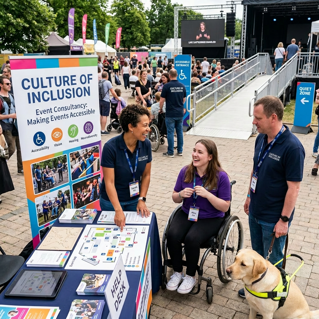 AI generated image: volunteers at a help desk for Culture of Inclusion providing event accessibility information